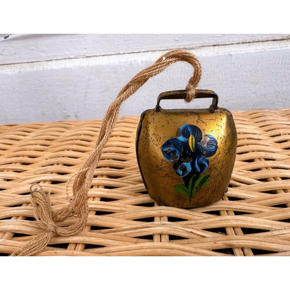 Vintage 50's Swedish Brass Mini Cow Brass Bell Handpainted Flower Rustic